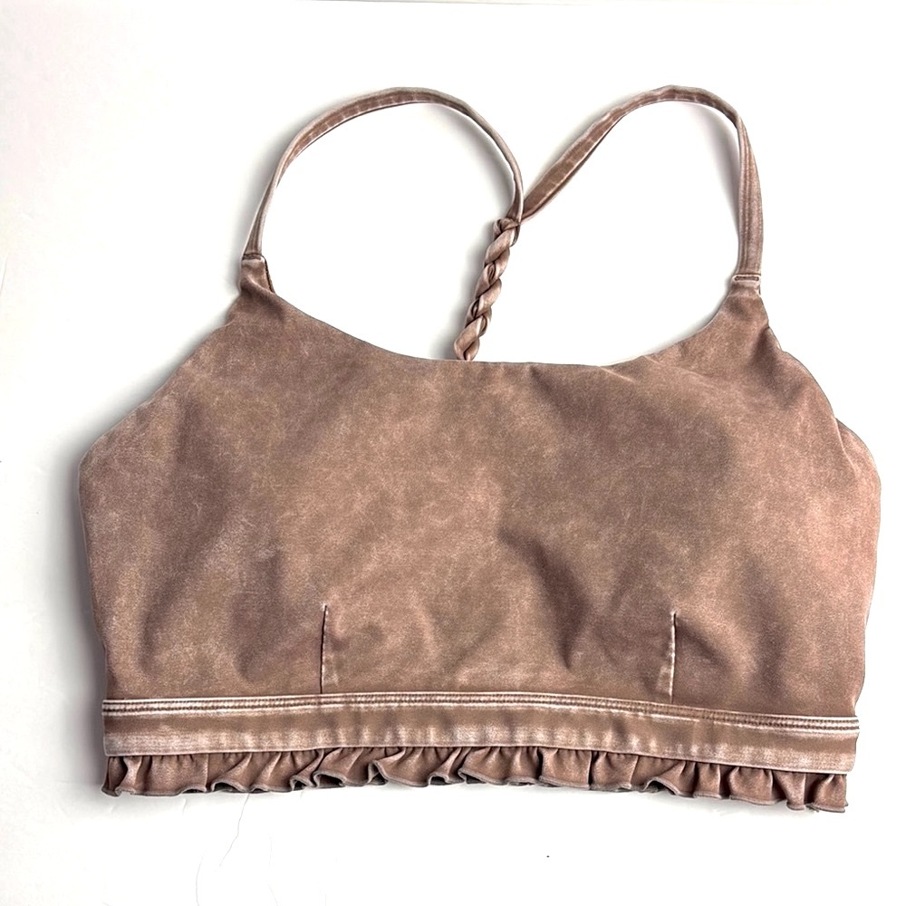 JoyLab Women's Brown Bralette Sports Bra Ruffle Trim and Braided Back Detail Med
